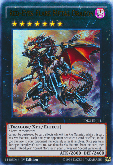 Image of the "Red-Eyes Flare Metal Dragon [LDK2-ENJ41] Ultra Rare" Yu-Gi-Oh! card. This Ultra Rare Xyz/Effect Monster features a mechanical dragon with glowing red eyes, sharp claws, and dark metallic scales. The card's border is dark blue, with its name in red at the top and stats and effect text at the bottom.