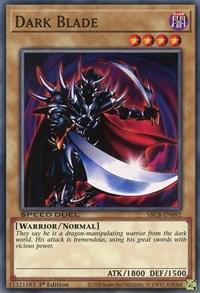A Yu-Gi-Oh! trading card from the Battle City Box featuring "Dark Blade [SBCB-EN092] Common." The card shows a dragon-manipulating warrior in dark, spiked armor wielding two large curved swords. It has a Level of 4 stars, an attribute of DARK, and stats of ATK/1800 and DEF/1500. The card belongs to the "Warrior/Normal" type.