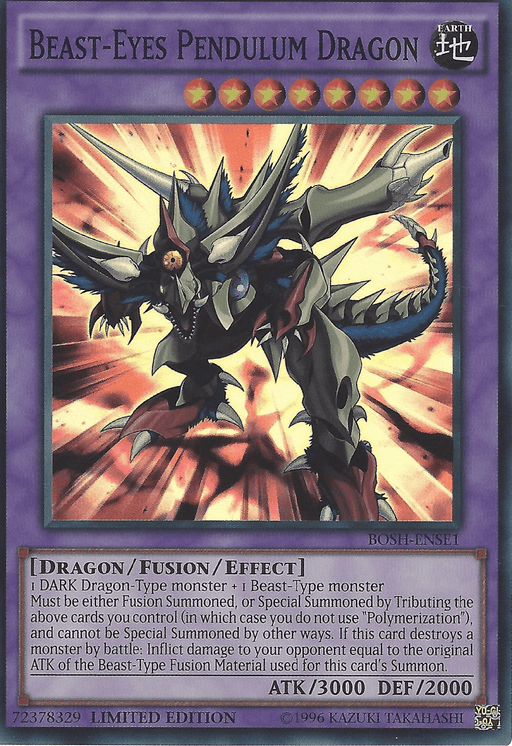 The image shows a trading card titled "Beast-Eyes Pendulum Dragon [BOSH-ENSE1] Super Rare," a Super Rare Fusion Monster in the Yu-Gi-Oh! card game. This DARK Dragon-Type creature has dark, metallic scales and a fierce appearance, with blue wings, sharp claws, and an aura of energy. The card text details its summoning requirements and special abilities.
