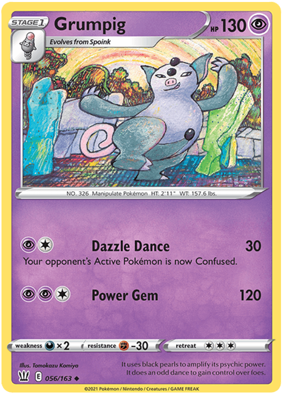 A Pokémon trading card featuring Grumpig, a pig-like Psychic Pokémon with black pearls on its body. Grumpig stands on two legs with its arms and spiral tail raised. The colorful, abstract background enhances the card's Sword & Shield Battle Styles section, showcasing stats and abilities like 