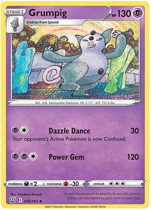A Pokémon trading card featuring Grumpig, a pig-like Psychic Pokémon with black pearls on its body. Grumpig stands on two legs with its arms and spiral tail raised. The colorful, abstract background enhances the card's Sword & Shield Battle Styles section, showcasing stats and abilities like "Dazzle Dance" and "Power Gem." The product is Grumpig (056/163) [Sword & Shield: Battle Styles] from Pokémon.