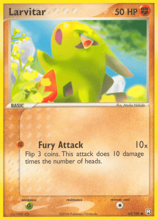 A Larvitar (62/109) [EX: Team Rocket Returns] Pokémon trading card with a yellow backdrop. It shows a green, dinosaur-like creature named Larvitar with 50 HP. As a common card from "Team Rocket Returns," its attack, "Fury Attack," deals 10 damage times the number of heads from flipping three coins. It's numbered 62/109 and illustrated by Atsuko Nishida.