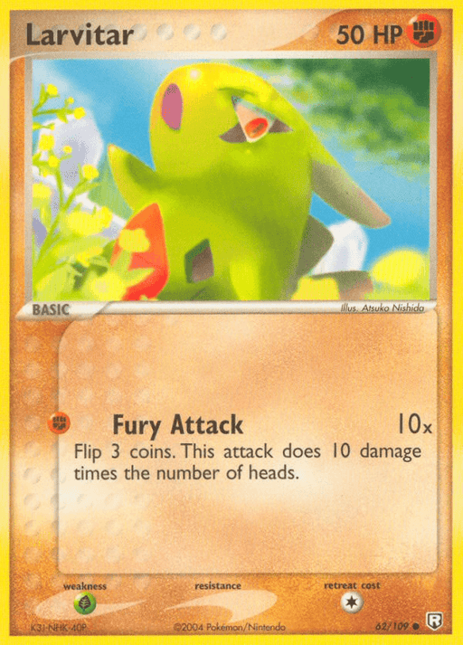 A Larvitar (62/109) [EX: Team Rocket Returns] Pokémon trading card with a yellow backdrop. It shows a green, dinosaur-like creature named Larvitar with 50 HP. As a common card from "Team Rocket Returns," its attack, "Fury Attack," deals 10 damage times the number of heads from flipping three coins. It's numbered 62/109 and illustrated by Atsuko Nishida.