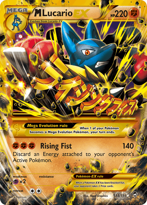 A Secret Rare Pokémon trading card featuring M Lucario EX (113/111) [XY: Furious Fists] with HP 220 from the Set XY: Furious Fists. The card boasts a yellow and gold color scheme with dynamic artwork of the Fighting type M Lucario. Its moves include "Rising Fist" which deals 140 damage and discards an energy from the opponent's active Pokémon. It's card number 113/111.