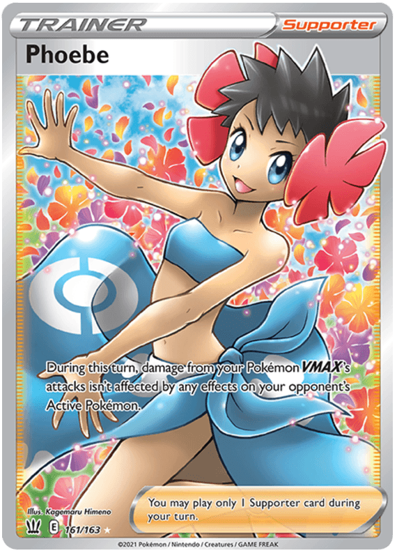 A Pokémon Trainer Supporter card featuring Phoebe (161/163) [Sword & Shield: Battle Styles] from Pokémon. She stands against a colorful floral background, wearing a blue dress with floral patterns and red flowers in her hair. This Ultra Rare card explains her effect: 