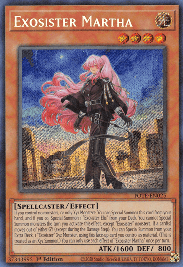 A Yu-Gi-Oh! trading card titled "Exosister Martha [POTE-EN025] Secret Rare," this 1st Edition Spellcaster/Effect type showcases a female character with long pink hair, clad in black and red armor, wielding a sword against an ethereal blue background. Pair her with Exosister Elis to amplify your deck's power. ATK 1600, DEF 800.