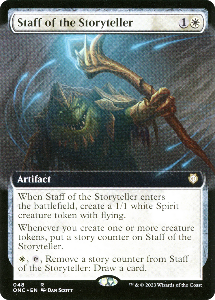 The image showcases a rare artifact card from Magic: The Gathering, specifically an extended art version of 