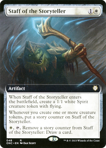 The image showcases a rare artifact card from Magic: The Gathering, specifically an extended art version of "Staff of the Storyteller" from Phyrexia: All Will Be One Commander. This card, which costs 1 colorless and 1 white mana, generates a 1/1 white Spirit creature token with flying upon entering the battlefield and accumulates story counters as additional tokens are created. By paying 1 white mana and tapping it...