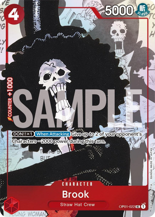 A Bandai product features an animated skeleton character named Brook, noted as part of the "Straw Hat Crew." The card, a part of the Brook (Alternate Art) [One Piece Promotion Cards] set, displays attack and health stats—"5000" and "+1000"—and describes a special ability activated when attacking. The word "SAMPLE" is overlaid on the card in large, translucent letters.