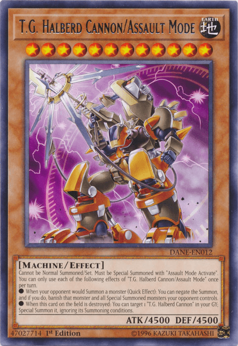 A Yu-Gi-Oh! trading card titled "T.G. Halberd Cannon/Assault Mode [DANE-EN012] Rare." This 1st Edition Effect Monster features an armored, robot-like warrior holding a large, glowing weapon in a dynamic pose. The card includes details on summoning and special abilities with attack and defense values of 4500.