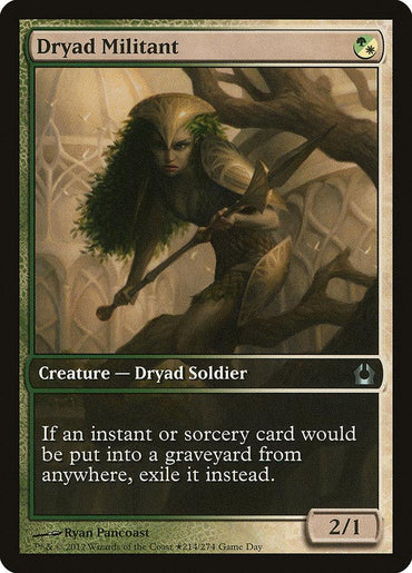 The Magic: The Gathering card titled "Dryad Militant (Game Day) (Extended Art) [Return to Ravnica Promos]" features a fierce, green-skinned female Dryad Soldier with long green hair and leafy armor, wielding a wooden weapon. The card text reads: “If an instant or sorcery card would be put into a graveyard from anywhere, exile it instead.” This Uncommon card is part of the Return to Ravnica Promos set.