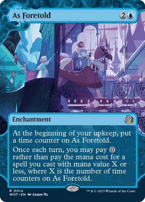 A rare Magic: The Gathering card titled "As Foretold [Wilds of Eldraine: Enchanting Tales]." The card features a fantasy artwork of people gathering around a mystical, glowing orb. This Wilds of Eldraine enchantment costs 2 and 1 blue mana and allows you to cast spells for free based on the number of time counters on it.