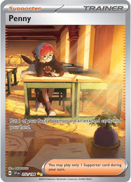 A Secret Rare Pokémon Trainer card featuring Penny, a young person with red hair, glasses, and a red beanie. They lean over a desk with a Pikachu plushie in a warmly lit room. The card reads, "Put 1 of your Basic Pokémon and all attached cards into your hand." Another text states, "You may play only 1 Supporter card during your turn." The product is Penny (252/198) [Scarlet & Violet: Base Set] by Pokémon.