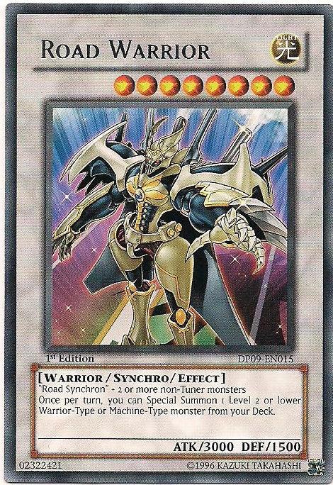 A Yu-Gi-Oh! trading card titled "Road Warrior [DP09-EN015] Rare" from Duelist Pack 9 (DP09-EN015). The Synchro/Effect Monster displays a robotic warrior with golden armor and mechanical limbs, set against a colorful, radiant background. Its attributes, stats (ATK/3000 DEF/1500), and special summoning effect are listed below the image.