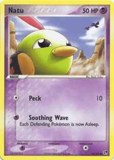 A common Pokémon trading card from the EX: Battle Stadium set featuring Natu (69/100) [EX: Battle Stadium] by Pokémon. The card shows a green, bird-like Psychic Pokémon with red wings against a desert backdrop with stone pillars and a blue sky. It has 50 HP and two attacks: Peck, which deals 10 damage, and Soothing Wave, which makes defending Pokémon fall asleep.