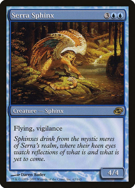 A Serra Sphinx [Planar Chaos] Magic: The Gathering trading card from Planar Chaos. Features a winged Creature Sphinx drinking from a reflective, mystical pool surrounded by nature. The card is blue, costs 3 generic and 2 blue mana, has flying vigilance abilities, and is a 4/4 creature with flavor text at the bottom.