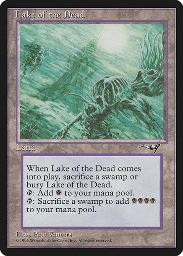 A Magic: The Gathering card titled "Lake of the Dead [Alliances]," a Rare Land. It features artwork by Pete Venters of a skeletal figure emerging from a swampy lake. The card has a light gray border and detailed text explaining its abilities: sacrificing a swamp or the card and generating black mana.