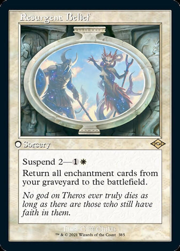 The image is of a Magic: The Gathering card named "Resurgent Belief (Retro) [Modern Horizons 2]." It is a white sorcery card from Modern Horizons 2 with a cost of 1 white mana and 2 generic mana for its "Suspend" ability. The artwork depicts armored figures within a circular frame, with a quote about the gods of Theros at the bottom.