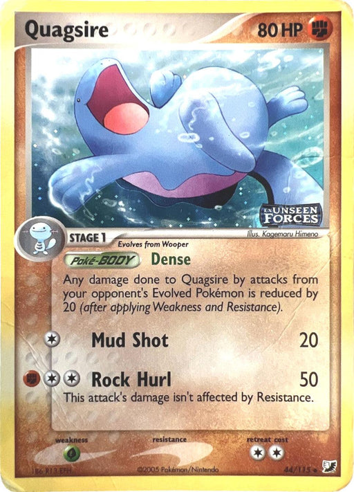 A Pokémon Quagsire (44/115) (Stamped) [EX: Unseen Forces] card from the Unseen Forces series showcasing Quagsire. With 80 HP, it evolves from Wooper and portrays Quagsire, a blue aquatic Pokémon, in water. Its abilities include "Dense," reducing damage by 20, "Mud Shot" with 20 damage, and "Rock Hurl" with 50 damage. Retreat cost included. Card number 44/115