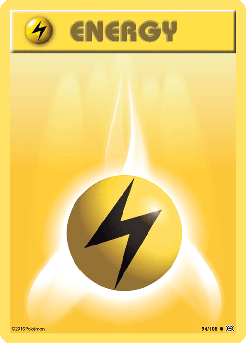 A Pokémon Lightning Energy (94/108) [XY: Evolutions] card with a yellow background, titled "Basic Lightning Energy" at the top. It features a black lightning bolt symbol in a yellow circle, with a glowing white aura around it. This common card from the XY: Evolutions series is numbered 94/108 and has a copyright mark dated 2016 and a Poké Ball icon on the bottom right.