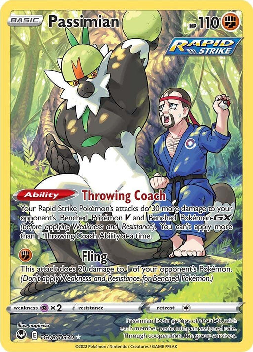 An illustration of the Pokémon card "Passimian (TG08/TG30) [Sword & Shield: Silver Tempest]," featuring Passimian and a trainer in a forest. Passimian, a lemur-like Fighting Pokémon, is holding a large melon. The card features 110 HP, an ability called "Throwing Coach," and an attack "Fling." It is from the Rapid Strike series and Silver Tempest set by Pokémon.