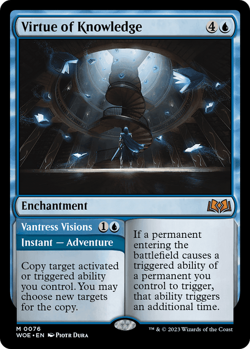 A Magic: The Gathering card titled "Virtue of Knowledge // Vantress Visions [Wilds of Eldraine]," adorned with a blue and black color scheme. The artwork showcases a dramatic scene of glowing orbs and floating books in a grand, spiraling library. This Mythic Enchantment card features text about copying triggered abilities, transporting you to the Wilds of Eldraine.
