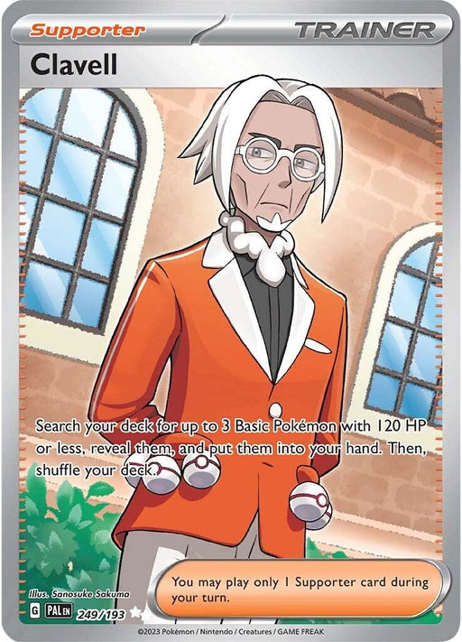 A Pokémon trading card featuring Clavell, depicted as an older man with white hair and glasses, dressed in an orange blazer over a white shirt. The card, Clavell (249/193) [Scarlet & Violet: Paldea Evolved] from Pokémon, has a silver and white border. In the background is a window with three Pokéballs and a white-orange text box outlining the card's details.