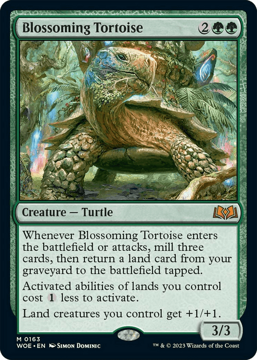 A Magic: The Gathering card titled **Blossoming Tortoise [Wilds of Eldraine]** from Magic: The Gathering features an illustration of a large tortoise with foliage on its shell, wandering through a forest. This Creature — Turtle has abilities to mill three cards and return a land card from the graveyard, among other effects. Its stats are 3/3.