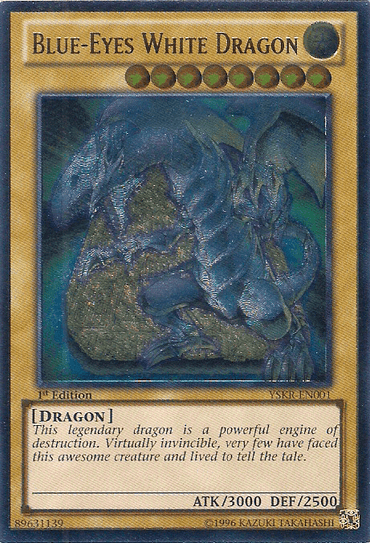 The Blue-Eyes White Dragon (UTR) [YSKR-EN001] Ultimate Rare card from Yu-Gi-Oh! features a majestic blue dragon adorned with white highlights. This 1st Edition Normal Monster has impressive stats, boasting 3000 attack and 2500 defense. The Ultimate Rare edition offers holographic and gold elements for a premium presentation.