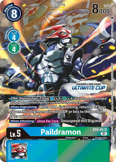 Here is a transformation of your provided sentence using the given product data:

"A Super Rare Digimon card from the Starter Deck: Ultimate Ancient Dragon Promos featuring Paildramon [ST9-05]. This April Ultimate Cup 2022 card has a blue play cost of 8, Digivolution costs of 4 from Lv. 4 blue or green Digimon, and a DP of 8000. The artwork depicts Paildramon in a dynamic pose and includes DNA Digivolution info, attack effects, and the Ultimate Cup event marking.