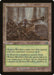 The image depicts a Magic: The Gathering product titled "Hickory Woodlot [Mercadian Masques]." This Land card, with its brown borders, features an illustration by Sean McConnell showing an axe embedded in a tree stump in a foggy forest. It includes abilities like adding green mana and using depletion counters.