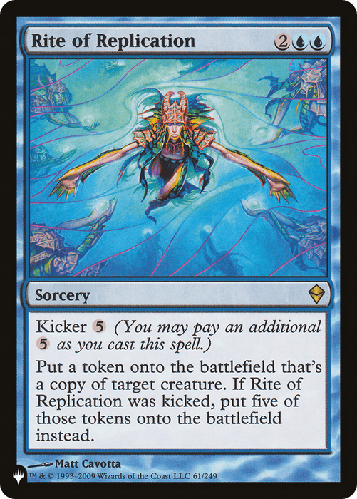 The image shows a Magic: The Gathering card titled "Rite of Replication [The List]." It features an illustration of a glowing aquatic humanoid figure surrounded by magical energy. The card's text describes its sorcery ability with an optional kicker cost to create five tokens, making multiple copies of the target creature.