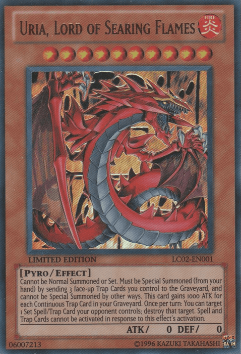 A Yu-Gi-Oh! trading card titled "Uria, Lord of Searing Flames [LC02-EN001] Ultra Rare." This Ultra Rare Effect Monster features a large, menacing red dragon with multiple eyes and sharp claws, surrounded by flames. Boasting 0 ATK and 0 DEF points, it's a limited edition with serial number LC02-EN001 and code 0607213.