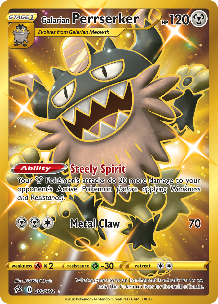 A Pokémon Galarian Perrserker card (205/192) from the Sword & Shield: Rebel Clash set displays a fierce, gray, feline-like creature with a yellow and brown metallic body, sharp claws, and a horned helmet. As a Secret Rare card in the series, it showcases abilities 