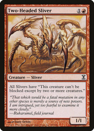 The Magic: The Gathering card "Two-Headed Sliver" from the Time Spiral set depicts a two-headed, multi-limbed creature. It's a red 1/1 Sliver costing 1 colorless and 1 red mana, and it grants all Slivers menace, enhancing their evasion abilities.