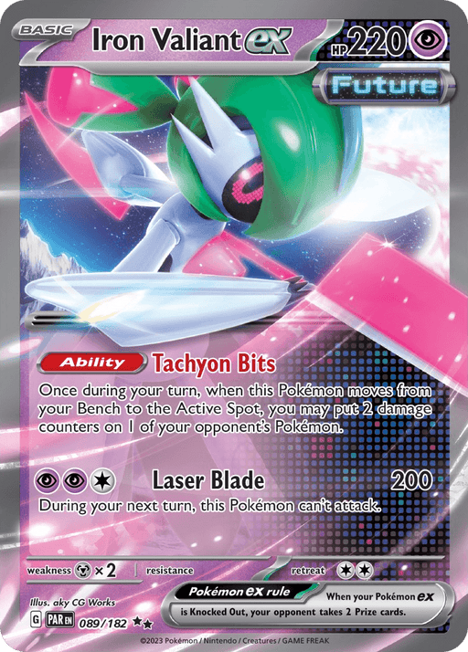 A Pokémon trading card featuring Iron Valiant ex (089/182) [Scarlet & Violet: Paradox Rift] with 220 HP. This Double Rare card showcases abilities like "Tachyon Bits" and "Laser Blade." The detailed, futuristic artwork complements its Paradox Rift theme. Notable stats include a x2 weakness to Fire and illustration number 089/182.