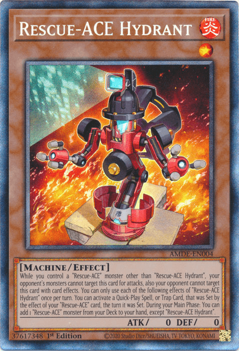 A Yu-Gi-Oh! trading card titled "Rescue-ACE Hydrant [AMDE-EN004] Collector's Rare." This Collector's Rare features a red, humanoid robot with a hydrant theme, extending robotic arms with hoses. The digital, futuristic background enhances its striking appearance. As an Effect Monster in the Machine/Effect category, it has 0 ATK and 0 DEF.