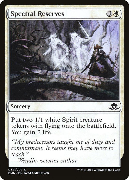 A Magic: The Gathering card titled "Spectral Reserves [Eldritch Moon]," from the Eldritch Moon set, depicts a cloaked figure summoning two ghostly white Spirit creature tokens with wings on a dark, forested battlefield. This sorcery costs 3 and a white mana, creates two Spirit tokens, and gains the player two life.