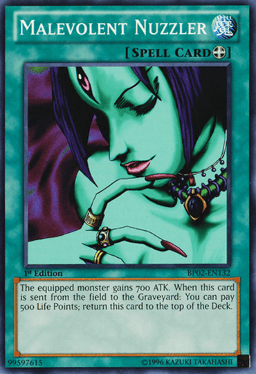 The Yu-Gi-Oh! trading card "Malevolent Nuzzler [BP02-EN132] Mosaic Rare" features a blue background and an illustration of a green-skinned, purple-haired woman with closed eyes and her hand near her chin. This Equip Spell card boosts a monster's ATK by 700 points and can be returned to the top of the deck by paying 500 life points.