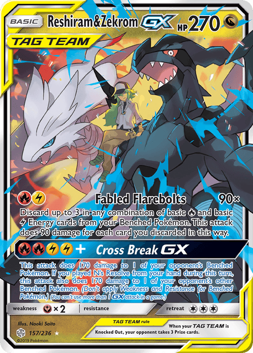 A Pokémon card from the *Sun & Moon: Cosmic Eclipse* series titled "Reshiram & Zekrom GX (157/236) [Sun & Moon: Cosmic Eclipse]" features two dragon-like Pokémon. Their HP of 270 is displayed at the top right. The ultra-rare card showcases a vibrant illustration of Reshiram (left) and Zekrom (right) with their special moves, "Fabled Flarebolts" and