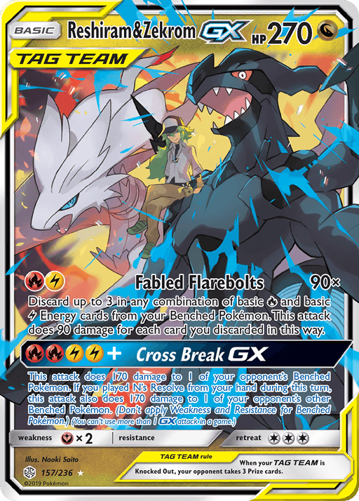 A Pokémon card from the *Sun & Moon: Cosmic Eclipse* series titled "Reshiram & Zekrom GX (157/236) [Sun & Moon: Cosmic Eclipse]" features two dragon-like Pokémon. Their HP of 270 is displayed at the top right. The ultra-rare card showcases a vibrant illustration of Reshiram (left) and Zekrom (right) with their special moves, "Fabled Flarebolts" and