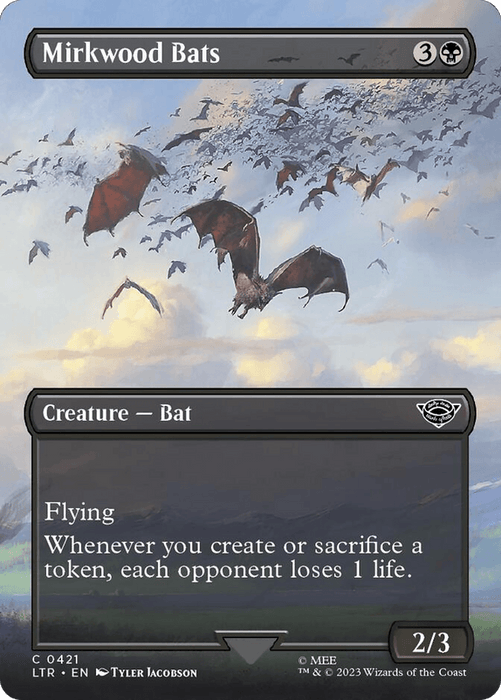 Magic: The Gathering card "Mirkwood Bats (Borderless Alternate Art) [The Lord of the Rings: Tales of Middle-Earth]," costing 3 generic and 1 black mana. It’s a Creature - Bat with flying and the ability “Whenever you create or sacrifice a token, each opponent loses 1 life.” With power/toughness 2/3, its artwork depicts a swarm of bats flying through the sky.