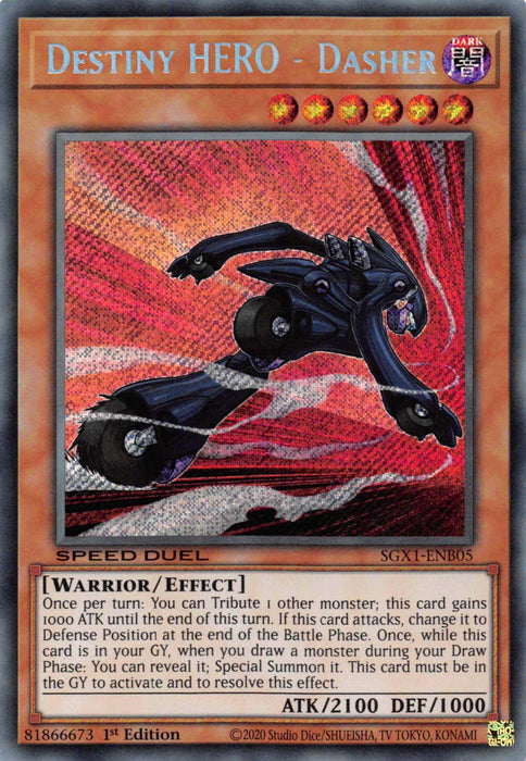 A Yu-Gi-Oh! trading card titled "Destiny HERO - Dasher [SGX1-ENB05] Secret Rare." This Secret Rare Effect Monster features an armored warrior on a futuristic motorcycle, with glowing red eyes and a flowing black cape. It has 2100 ATK and 1000 DEF, set against an orange background. It’s a 1st Edition from the Speed Duel GX series.