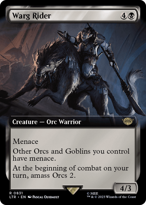 A Magic: The Gathering card titled "Warg Rider (Extended Art) [The Lord of the Rings: Tales of Middle-Earth]" with a mana cost of 4 colorless and 1 black, depicting an Orc Warrior riding a fierce wolf-like creature in a dark, ominous Middle-Earth setting. Wielding a weapon, the card grants menace to Orcs and Goblins and amasses Orcs. Its power and toughness are 4/3.