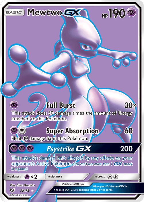 A Pokémon Mewtwo GX (72/73) [Sun & Moon: Shining Legends] with 190 HP from the Shining Legends set. The purple background and Mewtwo's battle-ready pose dominate the card. Featuring attacks like "Full Burst," "Super Absorption," and "Psystrike GX," its weakness is to Psychic-type, and it's labeled Ultra Rare, card number 72/73.