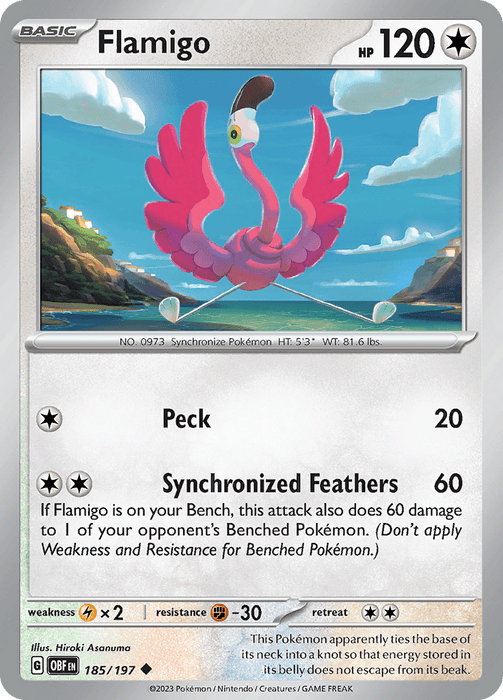 A Pokémon card featuring Flamigo (185/197) [Scarlet & Violet: Obsidian Flames]. This uncommon, colorless Pokémon is a pink bird with white wingtips and a yellow beak and legs. Basic, 120 HP; "Peck" deals 20 damage; "Synchronized Feathers" deals 60 damage plus 60 more to one benched opponent's Pokémon. Illustrated by Pokémon.