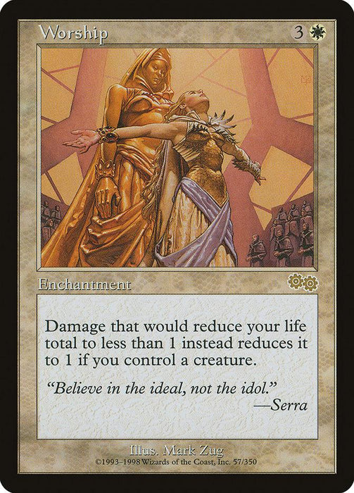 Magic: The Gathering card from Urza's Saga titled "Worship [Urza's Saga]," illustrated by Mark Zug. This rare Enchantment features a golden statue embracing a robed figure with arms outstretched and costs three colorless mana and one white mana. Its text reads, “Damage that would reduce your life total to less than 1 instead reduces it to 1 if you control a creature.” The quote
