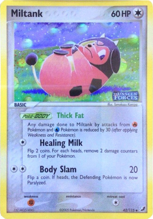 A Pokémon Miltank (42/115) (Stamped) [EX: Unseen Forces] card, with 60 HP. The illustration shows Miltank, a pink cow-like Pokémon, lying on its back in a grassy field with a serene expression. This Colorless type card features two abilities: "Healing Milk" and "Body Slam." The card is numbered 42/115 and is from the "Unseen Forces" series.