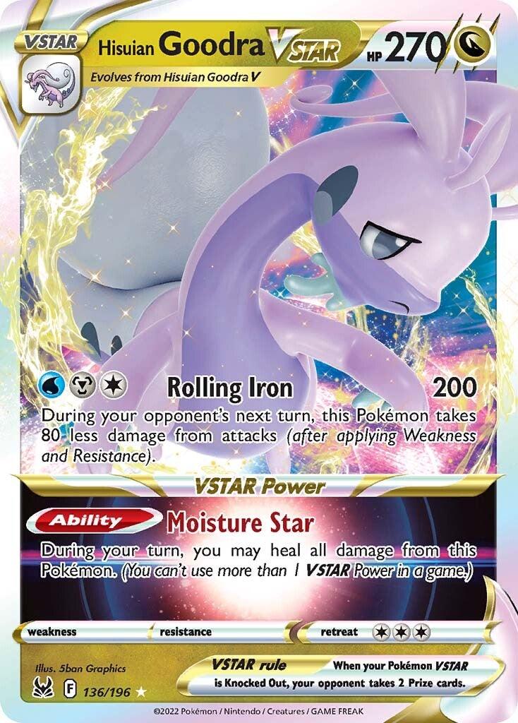 A Pokémon trading card featuring Hisuian Goodra VSTAR (136/196) [Sword & Shield: Lost Origin], a dragon-like creature with a purple, gooey appearance. This Ultra Rare card has an HP of 270, the Rolling Iron attack, and the Moisture Star ability. With a VSTAR power and numbered 136/196 from the Sword & Shield: Lost Origin series.