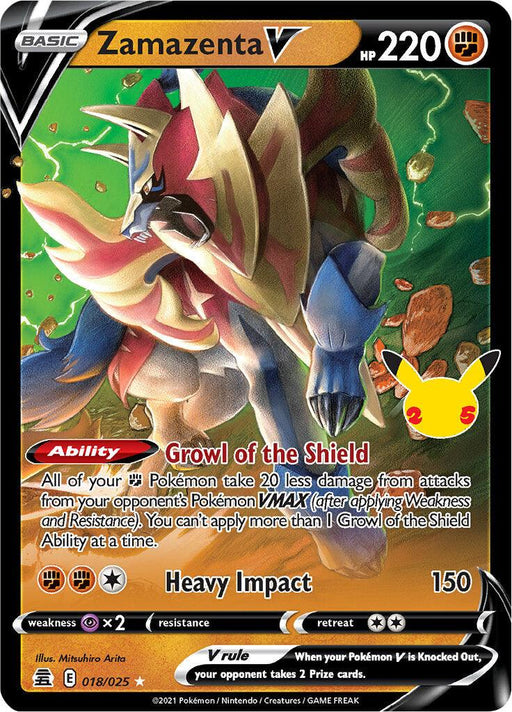 A Pokémon trading card displays Zamazenta V (018/025) [Celebrations: 25th Anniversary], HP 220. It features a large, armored canine with a red mane and intricate gold and blue armor. The Fighting type card highlights the "Growl of the Shield" ability and "Heavy Impact" attack. Symbols, energy types, and other standard card details border the image.